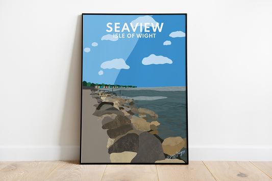 Seaview, Isle Of Wight - Digital/Graphic print. Picture of beach with beach huts.